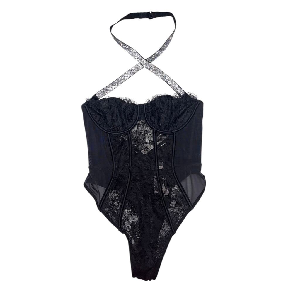 Victoria's Secret Very Sexy Shine Strap Halter Lace Teddy Black Size Medium